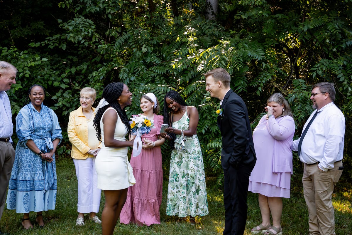Couple shares a laugh during their elopement ceremony in Shenandoah National Park