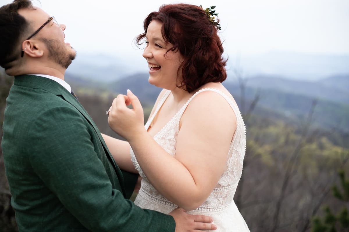Couple sharing laughs on their Shenandoah National Park elopement