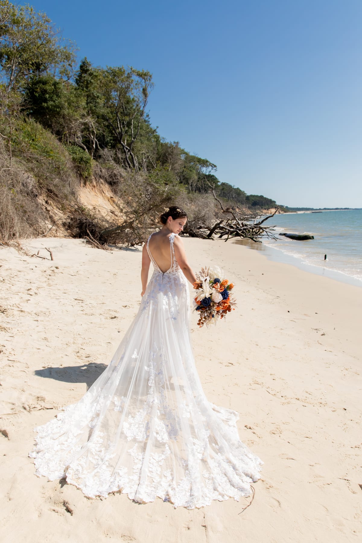 Sunlit bridal portrait during a microwedding in Cape Charles, Virginia