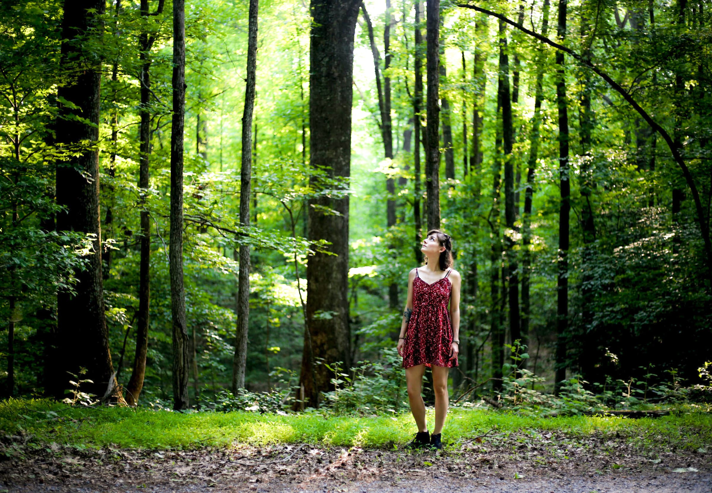 Alysa Segovia, Virginia elopement photographer, in a sunlit forest