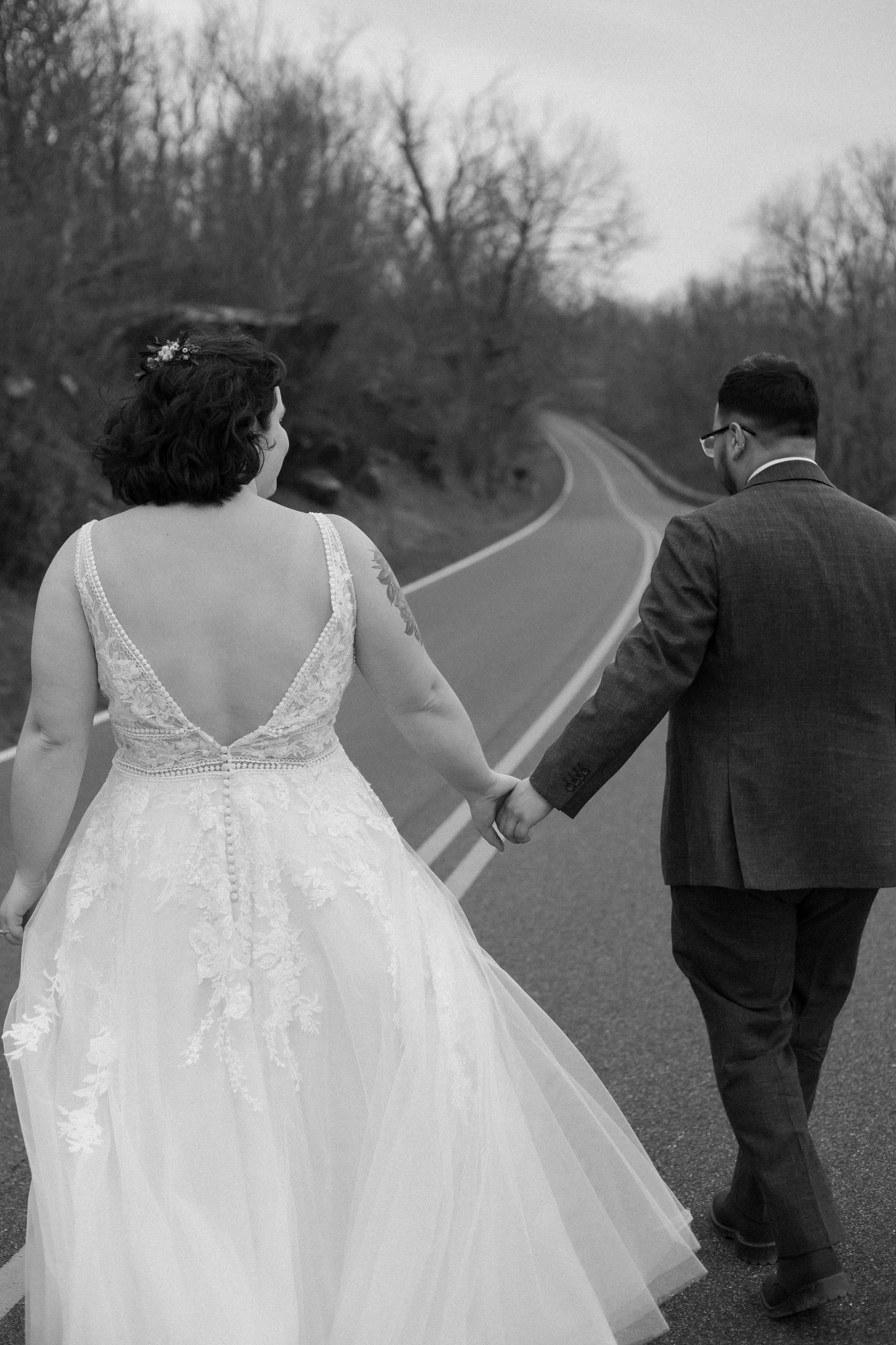 Romantic moment of couple eloping in Shenandoah National Park on Skyline Drive, Virginia