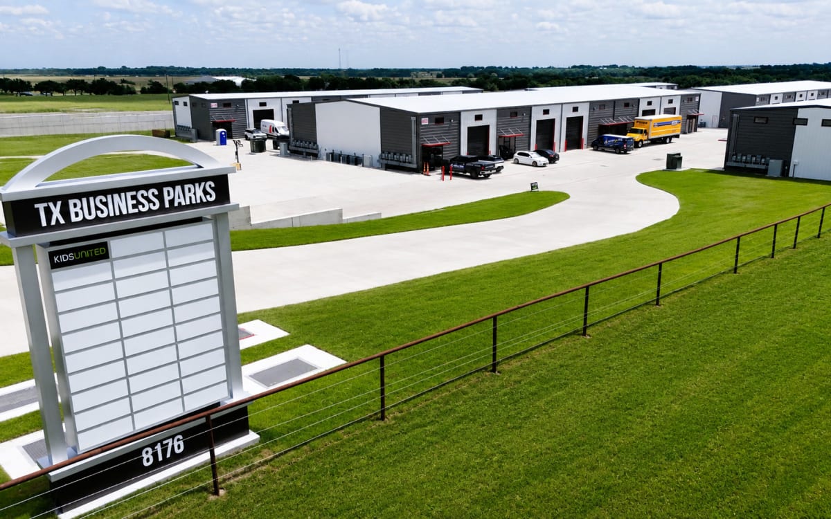 Celina Business Park entrance sign and flex buildings, September 2026