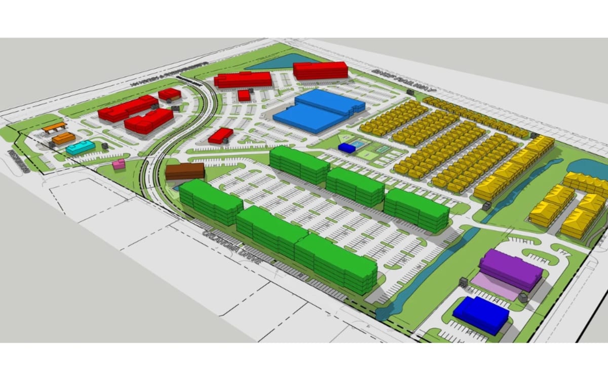 Kip's Crossing massing model with apartments, townhomes, anchor and retail buildings