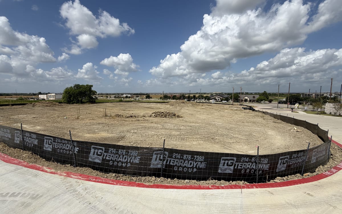 Preston Prime Plaza site graded with erosion fencing, July 12, 2026