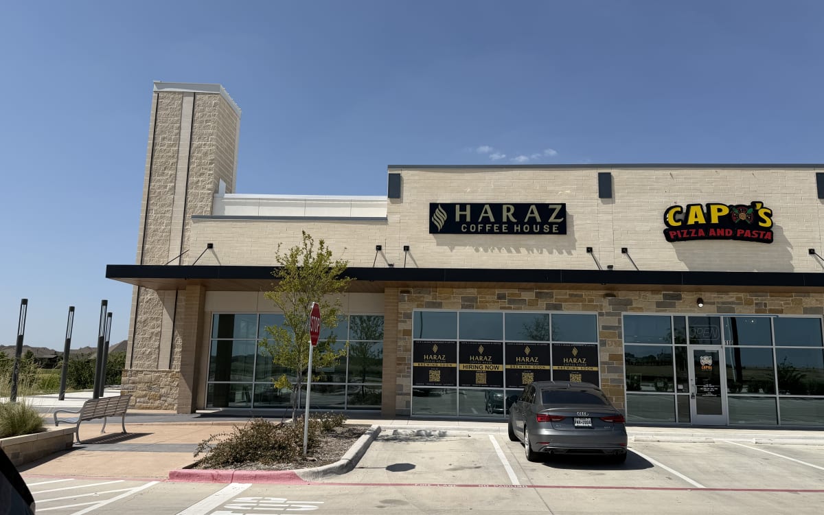 Haraz Coffee House exterior signage installed, July 26, 2026