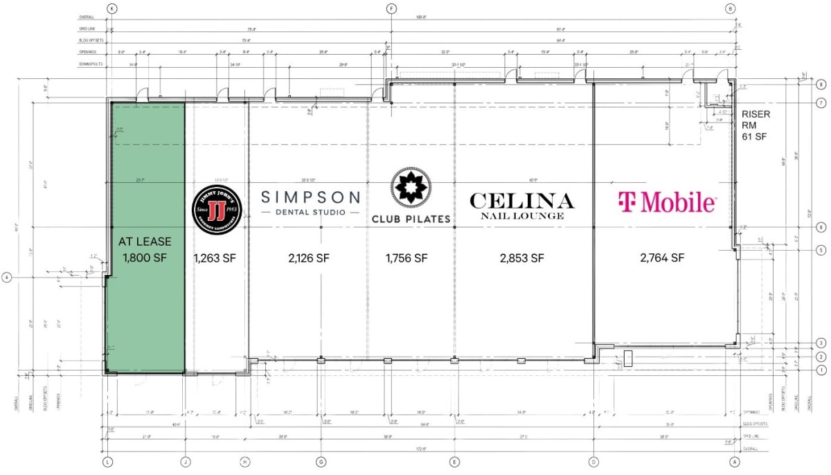 Retail building lease plan with T-Mobile, Celina Nail Lounge, Club Pilates, Simpson Dental Studio, Jimmy John's and a 1,800 sq. ft. end cap at lease