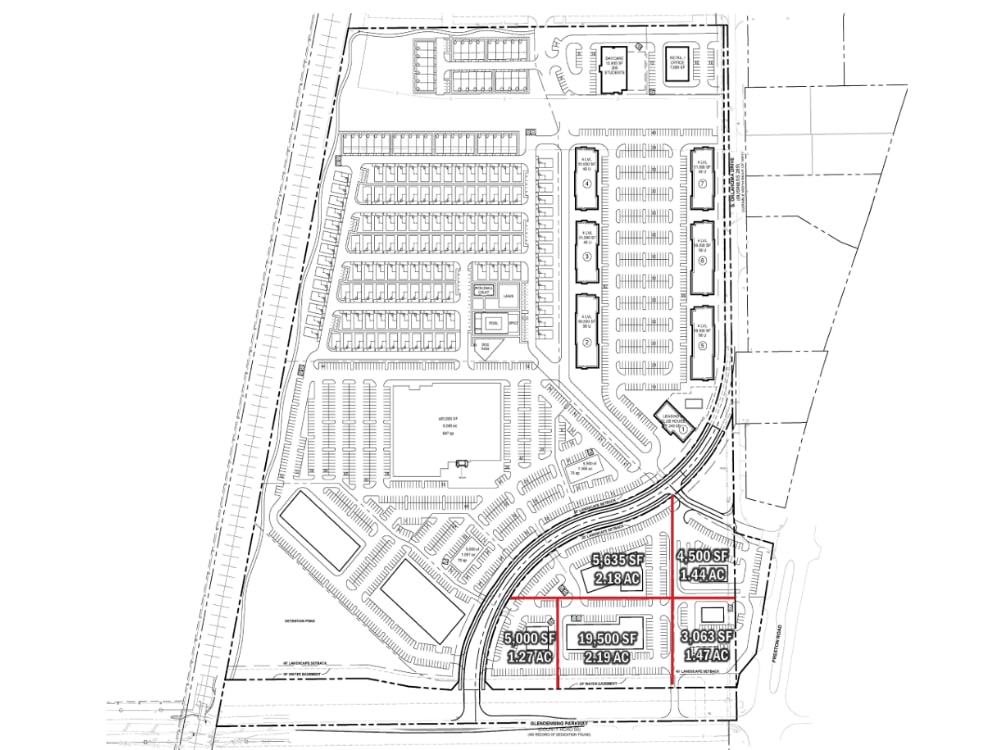 Kip's Crossing site plan with the retail pads along Preston Road and Glendenning Parkway