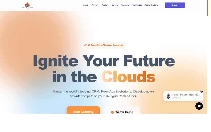 Homepage of Cloud IgnitEd, a Salesforce training academy website.