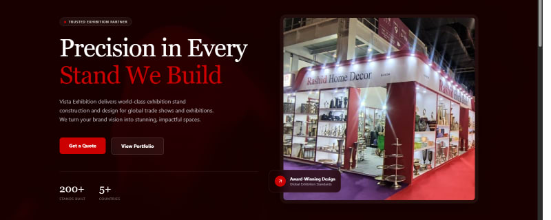 Homepage of Vista Exhibition, a web platform built by Alif Global Solutions for exhibition stand design and construction.