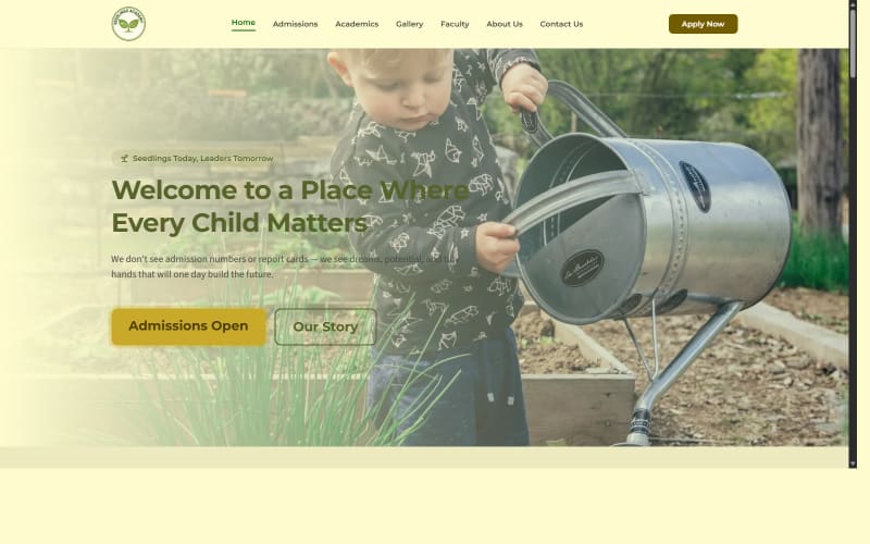 Homepage of Seedlings Academy, a school admissions website.