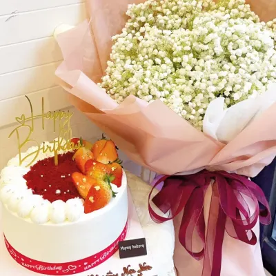 Bánh dâu tây đỏ kèm bó hoa trắng