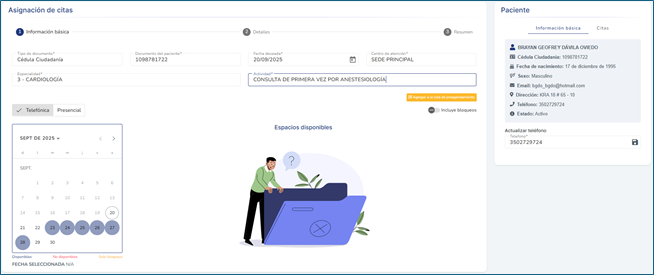 Pantalla principal Asignación de citas