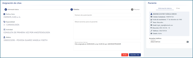 Resumen cita asignada