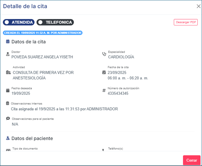 Detalle de cita Lista de agendas