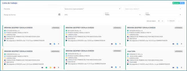 Pantalla principal Lista de trabajo