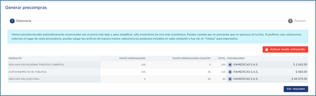 Pantalla Precompra Órdenes de compra