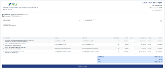 Crear Orden de compra