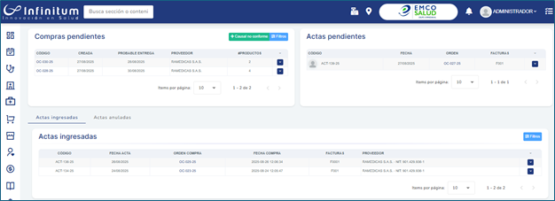 Pantalla principal Acta de recepción