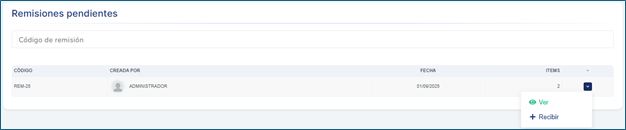 Pantalla principal Acta de recepción remisión