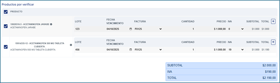 Seleccionar productos Acta de recepción remisión