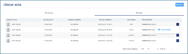 Pantalla principal Ubicar acta