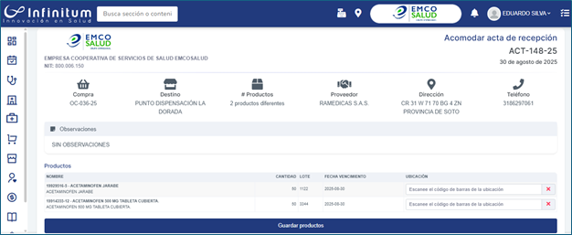 Detalle de acta y productos