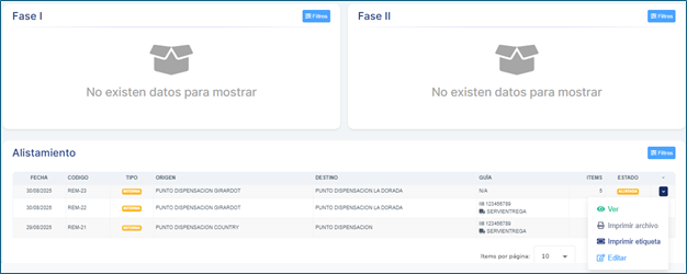 Pantalla principal Alistamiento