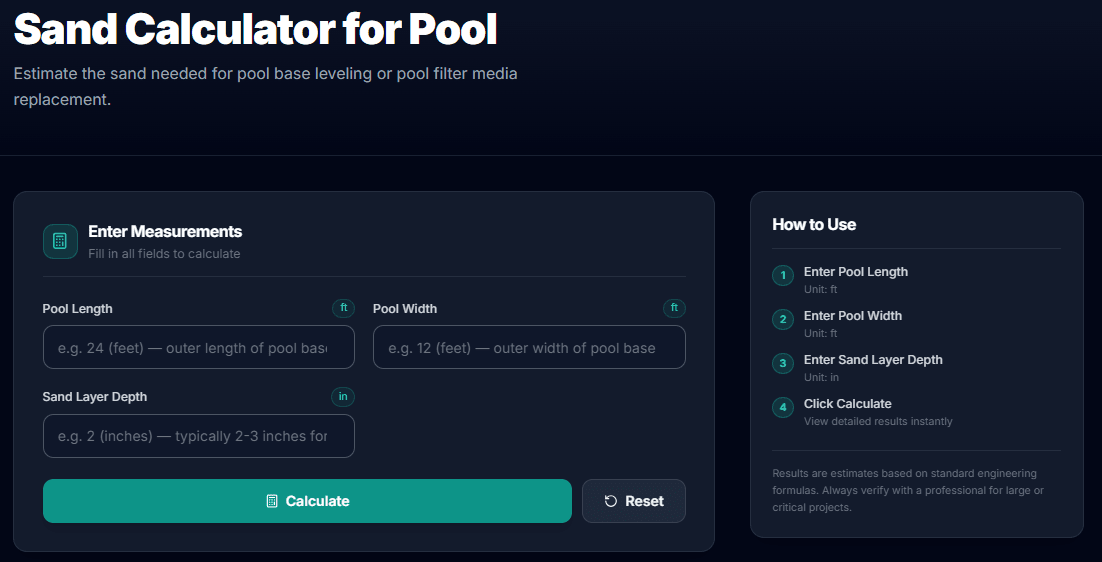 Sand calculator for Pool Sand calculator for Pool, Pool Sand Calculator, Sand Weight Calculator