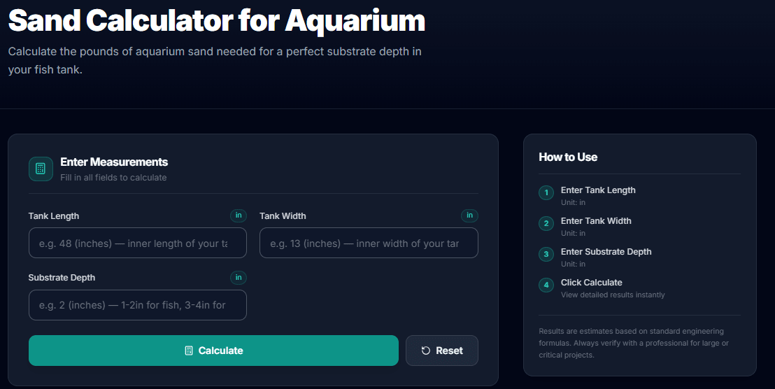 Sand Calculator for Aquarium Sand Calculator for Aquarium, Aquarium Sand Calculator, Aquarium Sand Weight Calculator, Sand Weight calculator