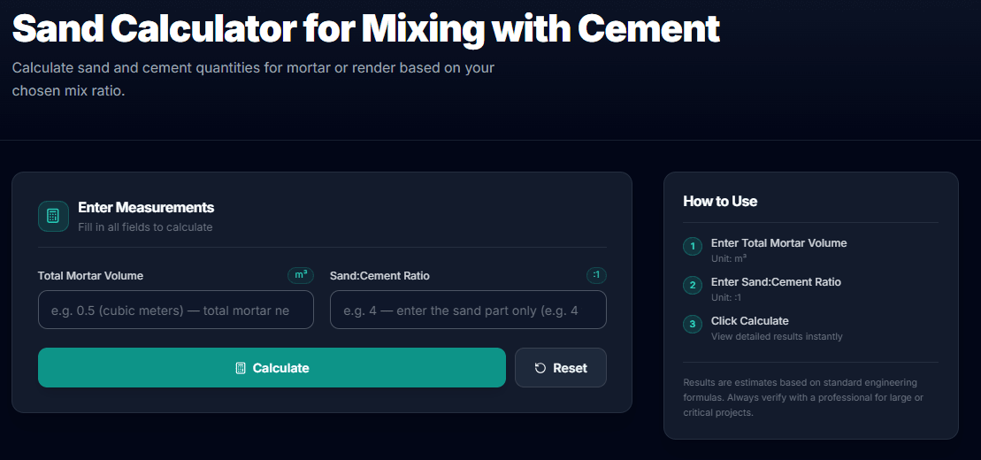 Sand Calculator for Mortar Sand Calculator for Cement Mixer, Sand Calculator for Mortar, Mortar Sand Calculator, Sand Weight Calculator, Mortar Sand Weight Calculator