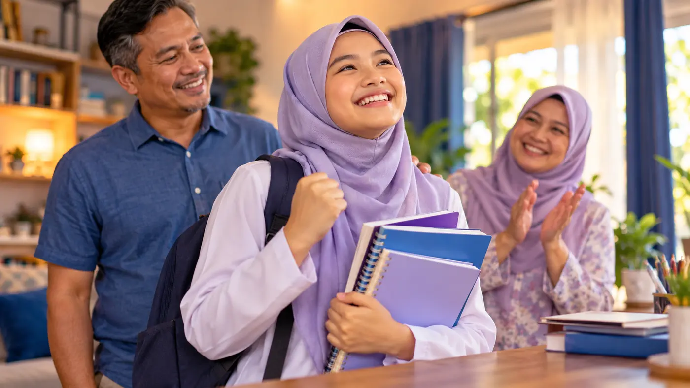 Ilustrasi keluarga meraikan pembelajaran anak