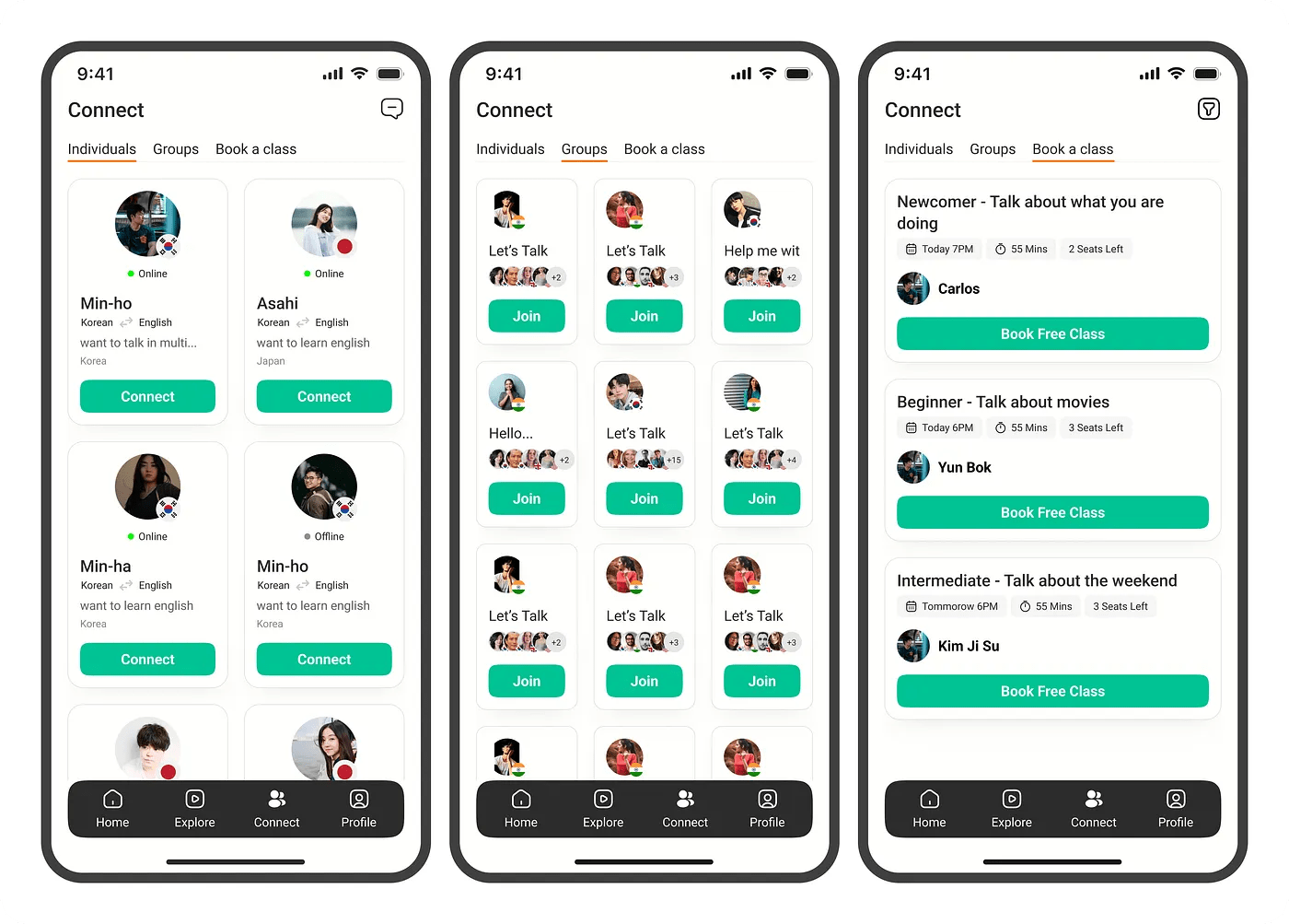 Connect screen across three tabs