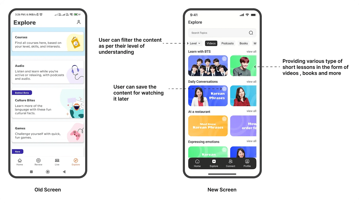 Explore screen before and after
