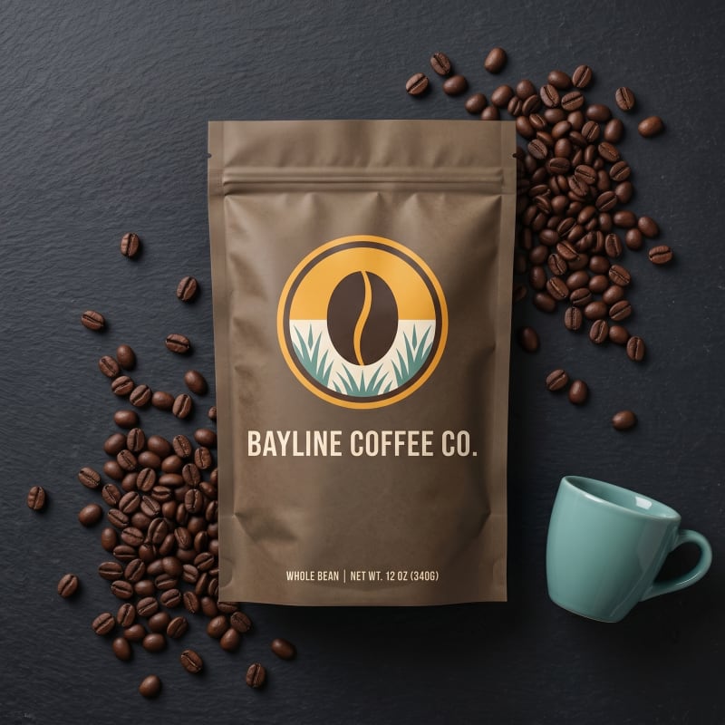 A Bayline Coffee Co. whole-bean bag on dark slate, surrounded by loose roasted coffee beans with a teal espresso cup alongside.