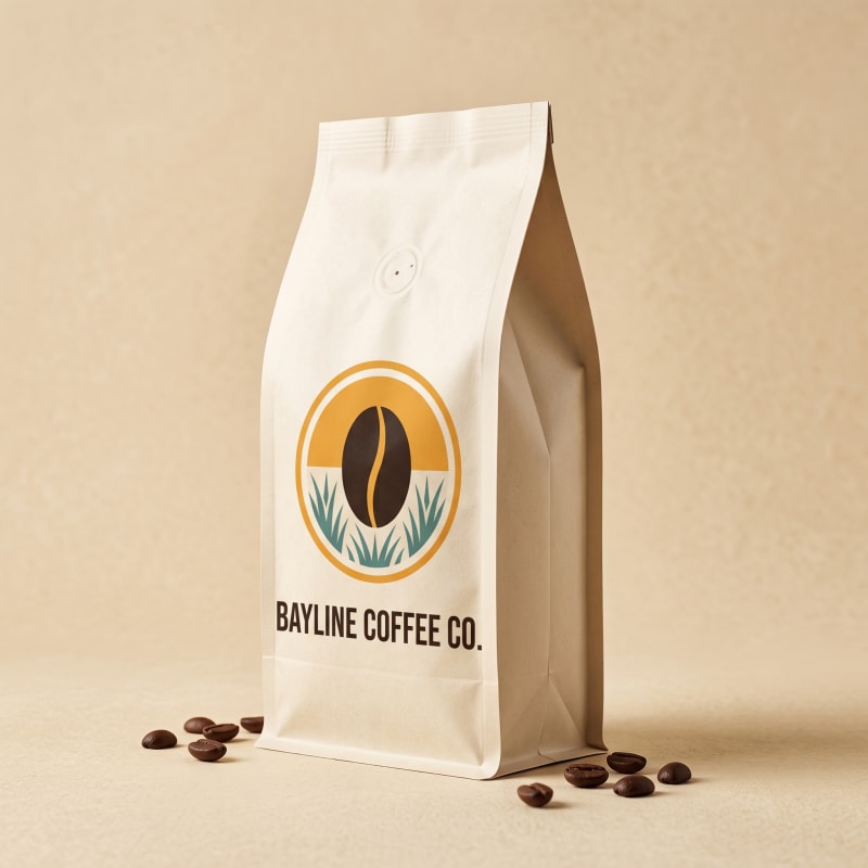 A cream Bayline Coffee Co. paper coffee bag with a one-way degassing valve, standing upright on a warm neutral backdrop with roasted beans at its base.