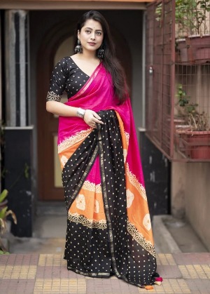 Tricolour hand-block printed saree - View 2