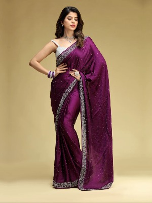 Wine Satin Silk Saree With Stone Work - View 3