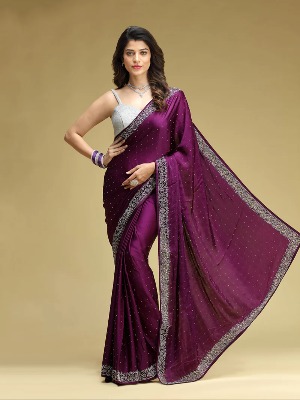 Wine Satin Silk Saree With Stone Work