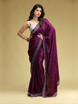 Wine Satin Silk Saree With Stone Work - View 2