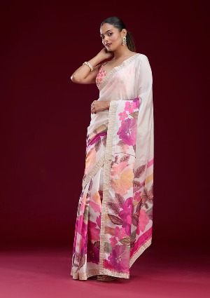 Cream Cutdana Chiffon Saree - View 4