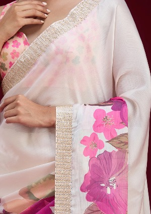 Cream Cutdana Chiffon Saree - View 5