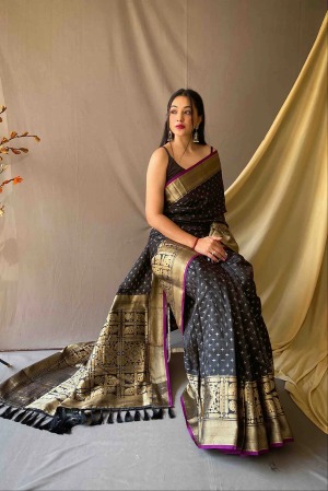 Black Zari Weaving Banarasi Silk Saree - View 3