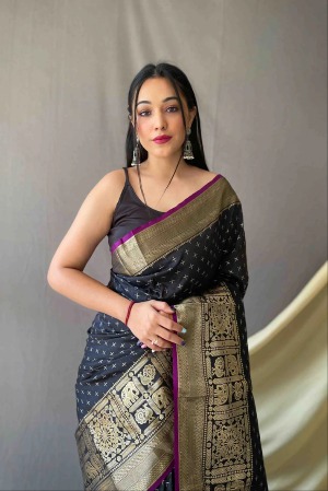 Black Zari Weaving Banarasi Silk Saree - View 2