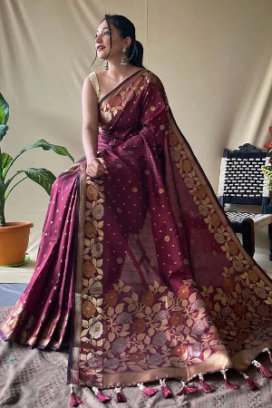 Wine Zari Weaving Banarasi Silk Saree - banarasi saree