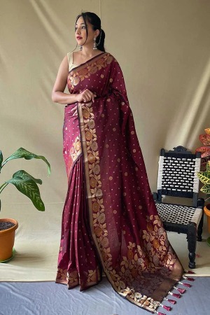 Wine Zari Weaving Banarasi Silk Saree - View 5