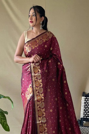 Wine Zari Weaving Banarasi Silk Saree - View 2