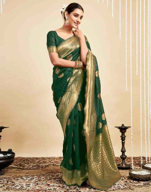 Green Silk Woven Banarasi Saree - View 4