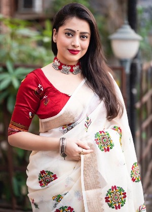 Worli embroidery linen saree. - View 2