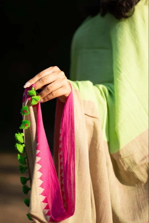Distant Spring Green Saree with Pink Border - View 3