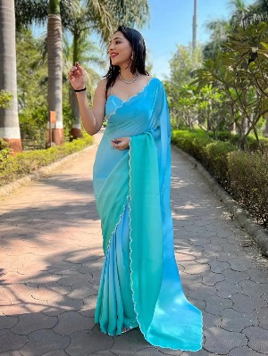 Sky Blue Satin Georgette Saree - View 2